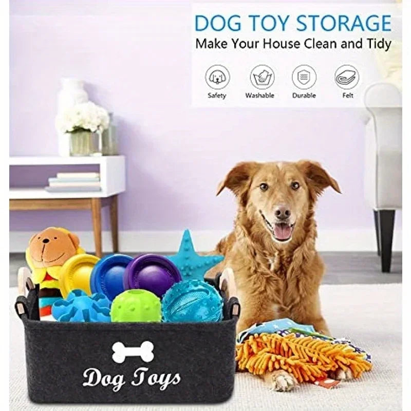 Felt Pet Toy Storage Box with Wood Handles