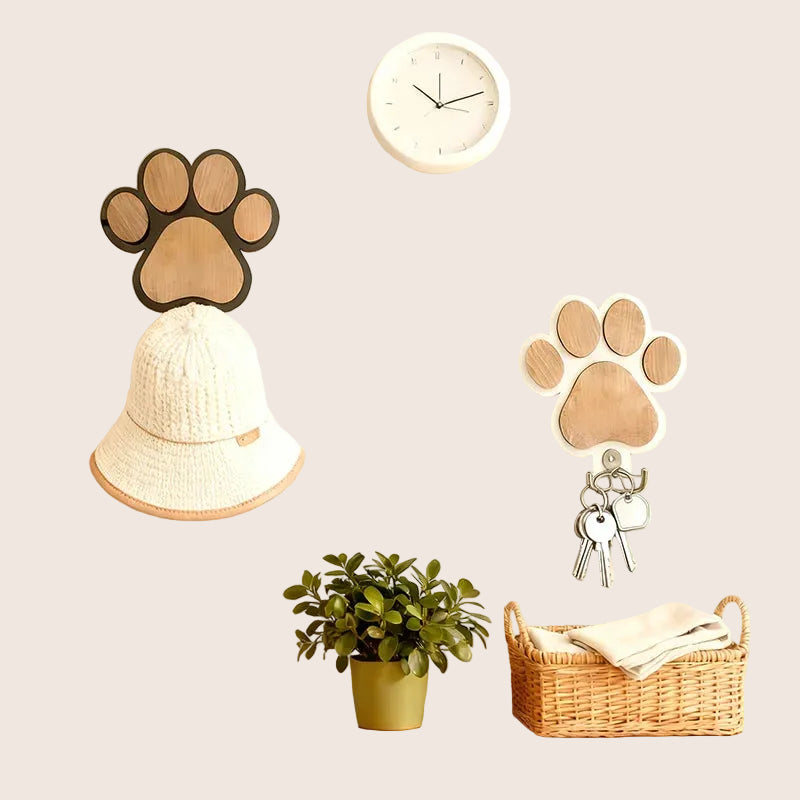 Wooden Paw Print Wall Hook — Pet Leash & Coat Hanger